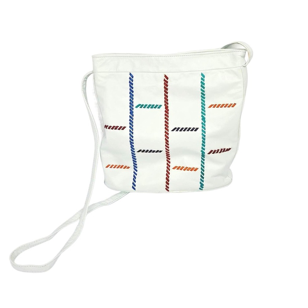 Judi Simon Vintage White Leather Crossbody Bag Woven Ribbon Lattice Detail